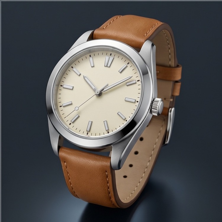Watch — cream dial, tan leather strap