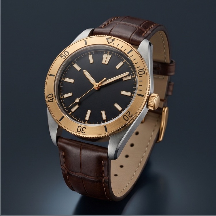 Watch — gold bezel, black dial, brown leather strap