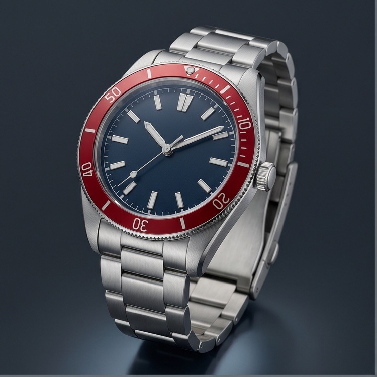 Watch — red bezel, navy dial, steel bracelet